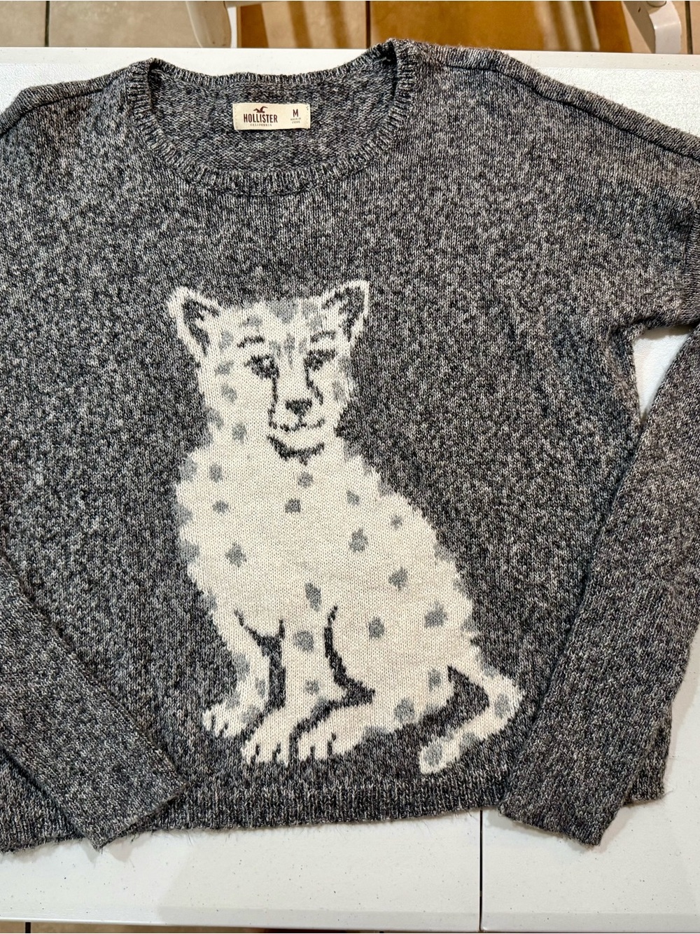 Hollister Gray Crewneck Sweater with White Cat Motif